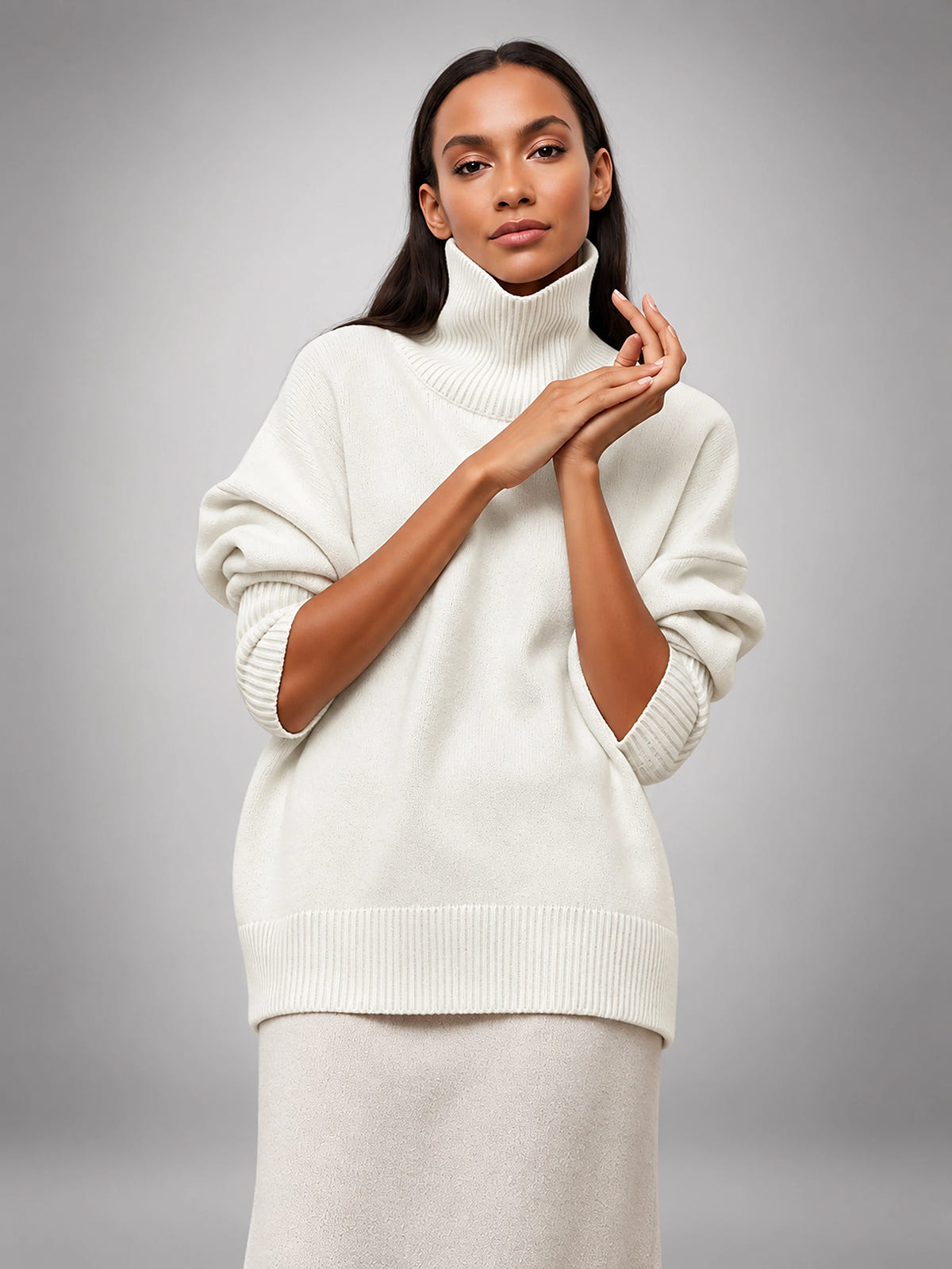 Women's Oversized Turtleneck Sweater – Relaxed Layering Knit - White
