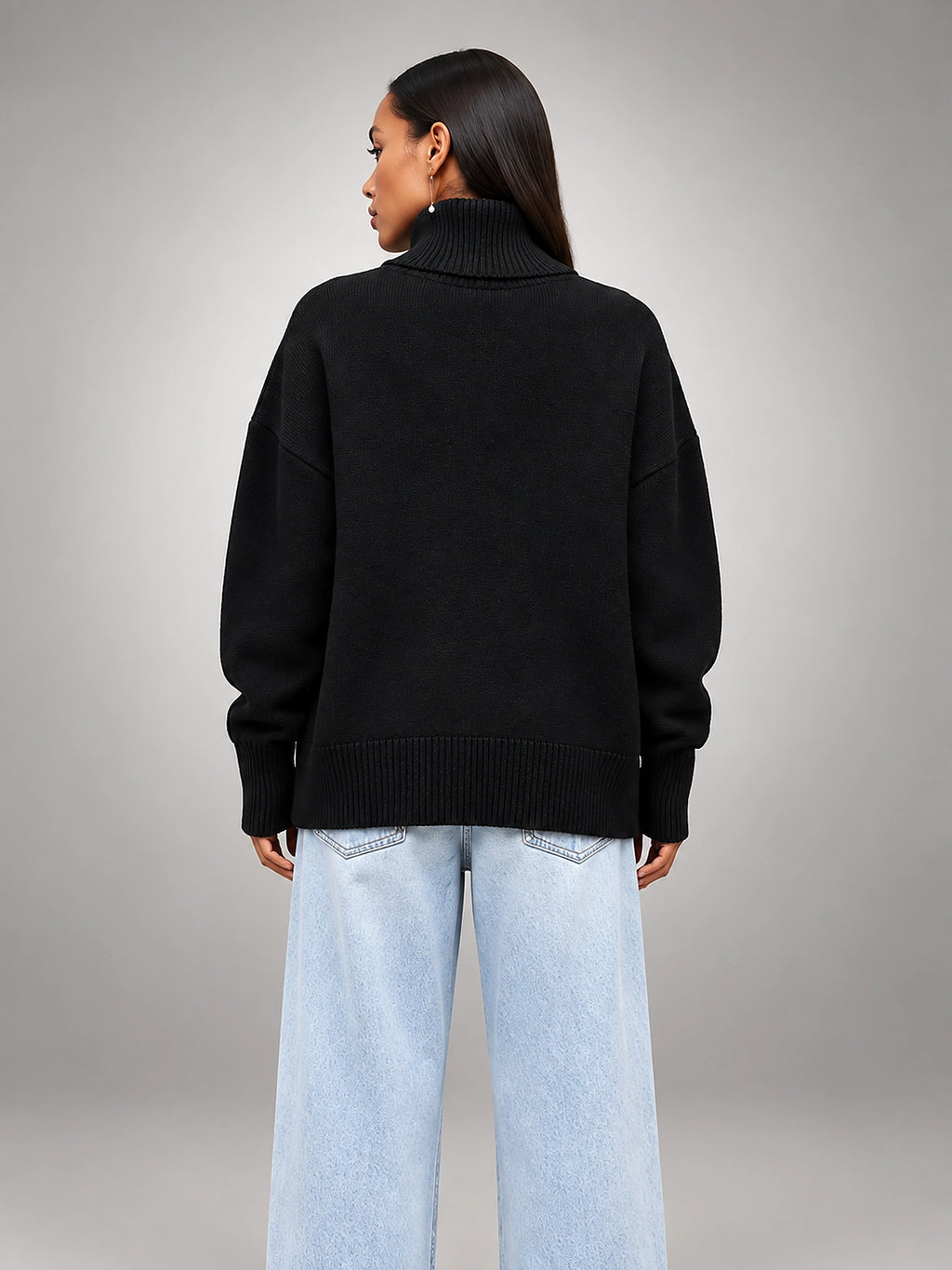 Women's Oversized Turtleneck Sweater – Relaxed Layering Knit - Black