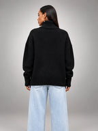 Women's Oversized Turtleneck Sweater – Relaxed Layering Knit - Black