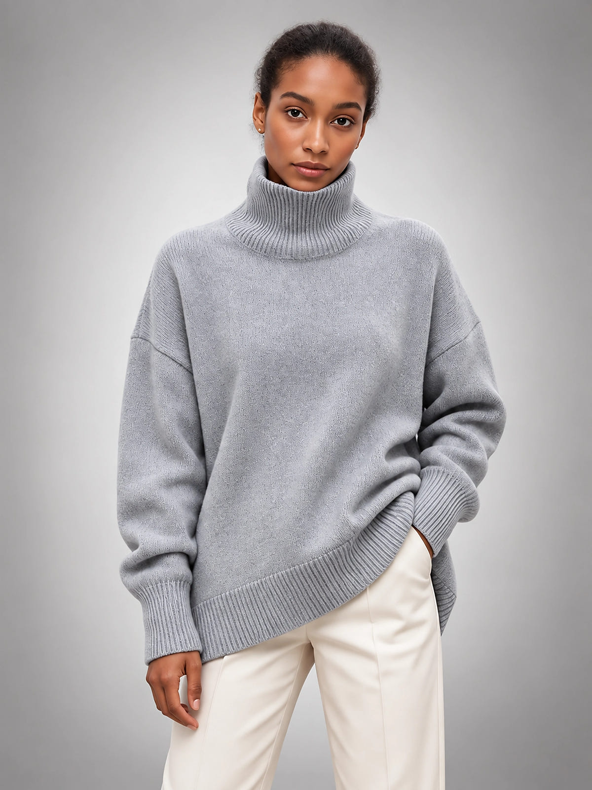 Women's Oversized Turtleneck Sweater – Relaxed Layering Knit - Gray