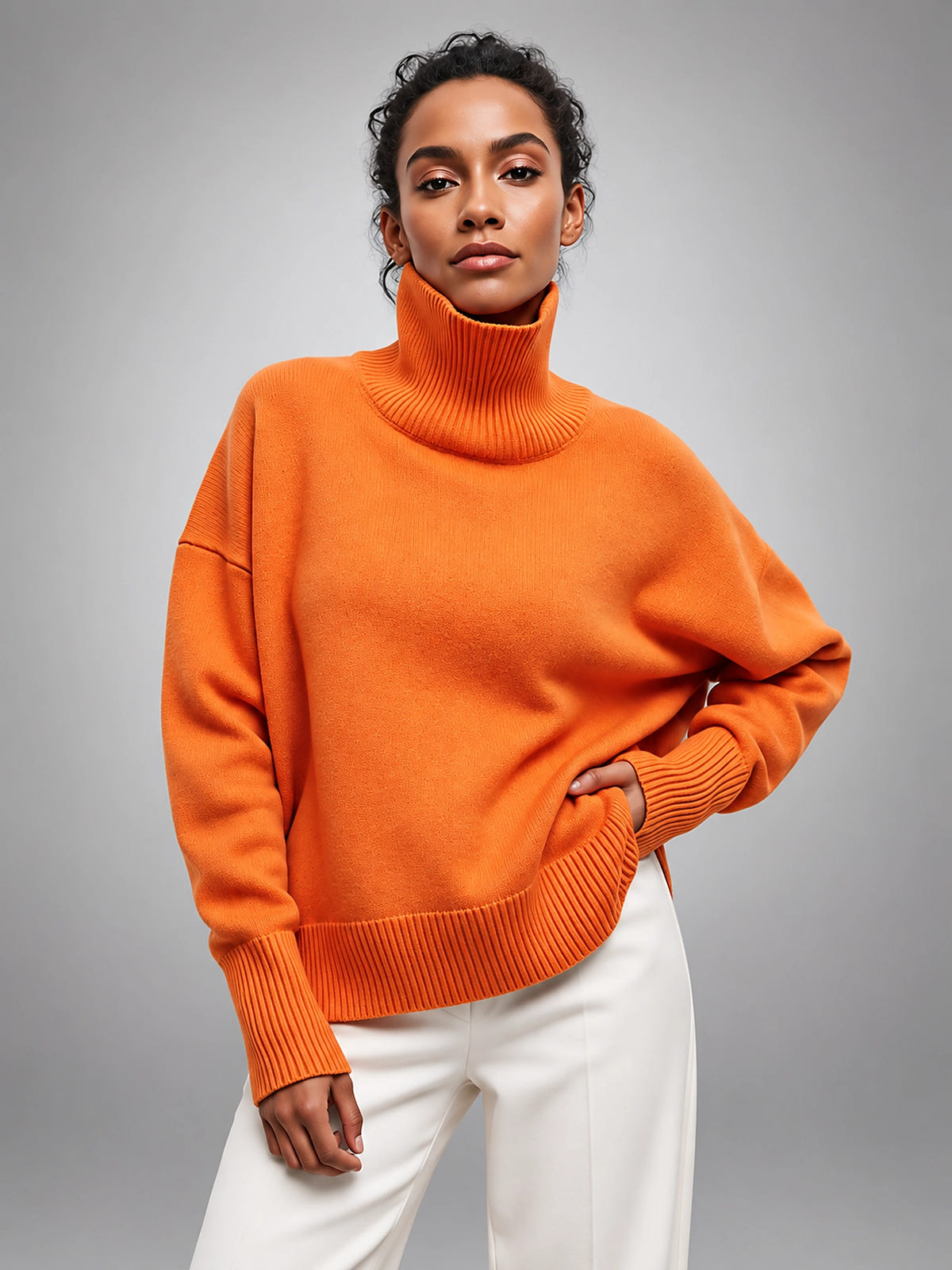 Women's Oversized Turtleneck Sweater – Relaxed Layering Knit - Orange