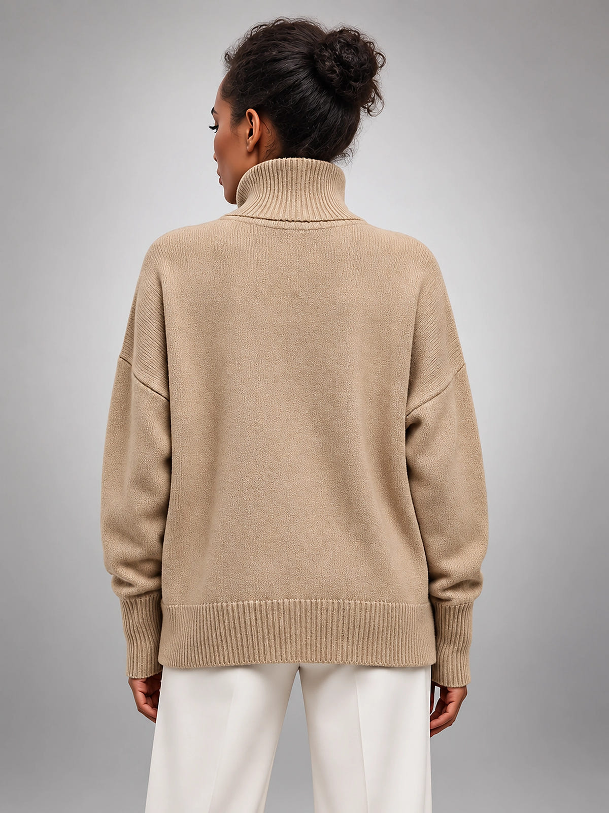 Women's Oversized Turtleneck Sweater – Relaxed Layering Knit - Khaki