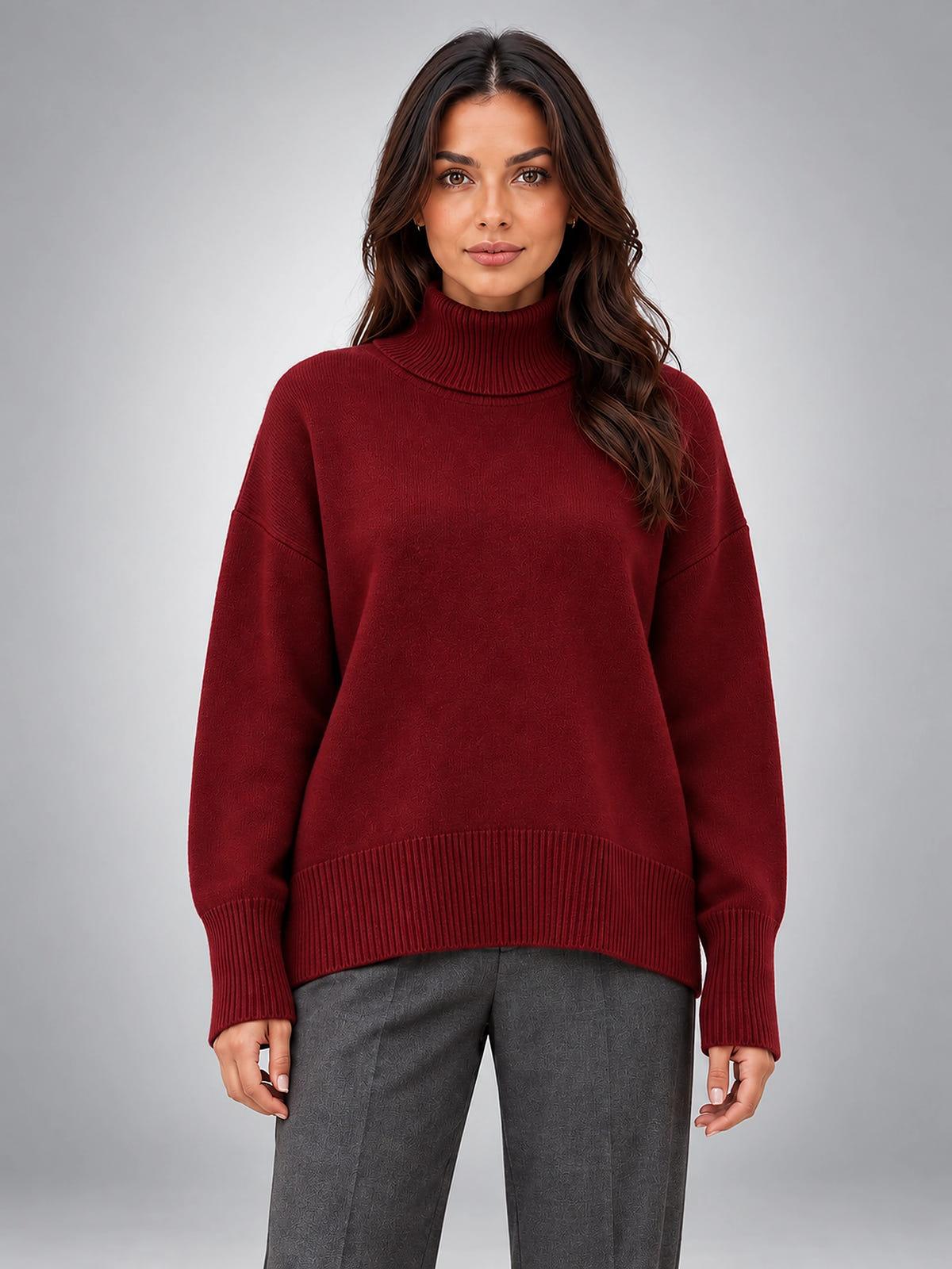 Women's Oversized Turtleneck Sweater – Relaxed Layering Knit - Wine Red
