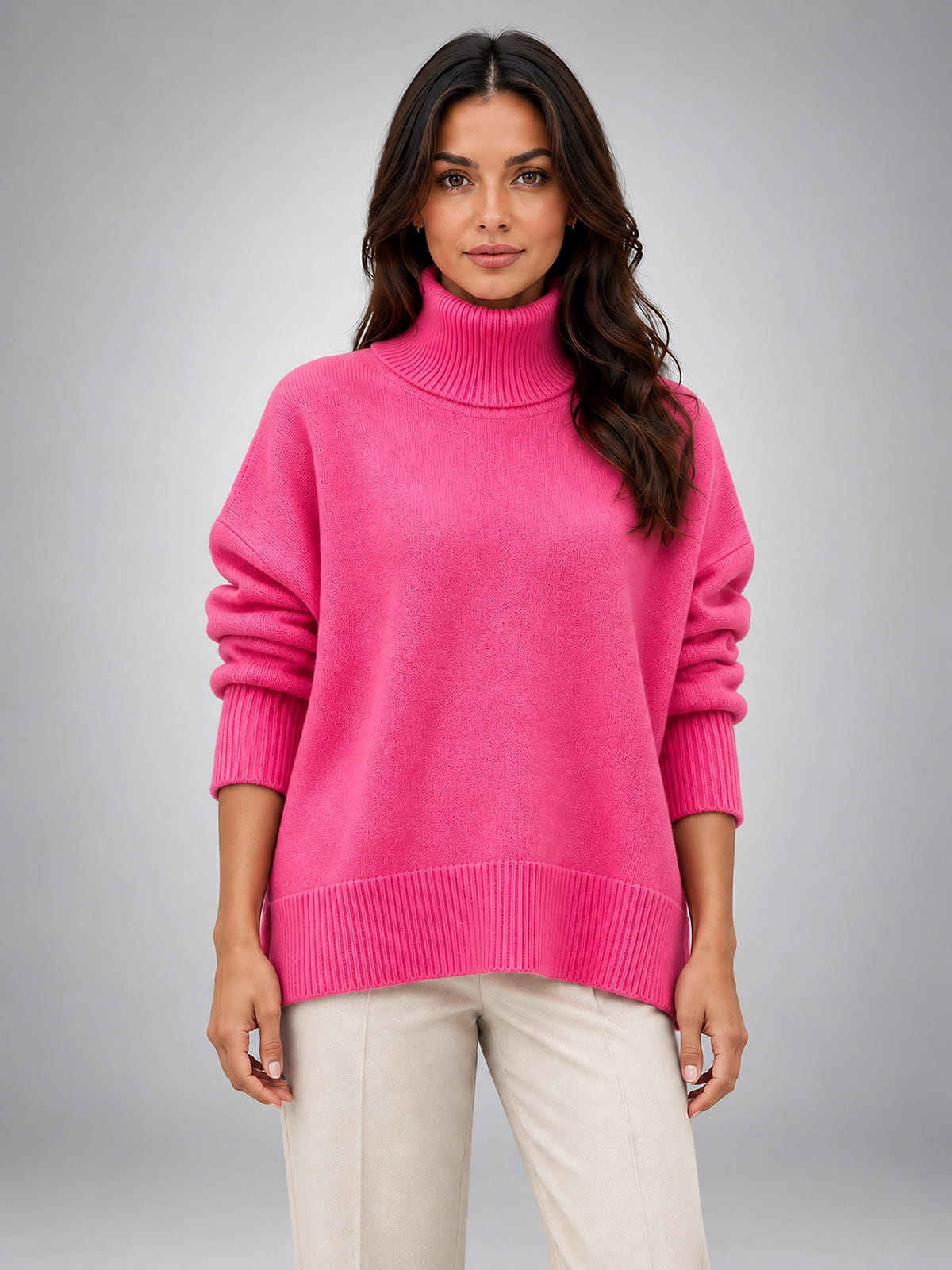 Women's Oversized Turtleneck Sweater – Relaxed Layering Knit - Rose Red