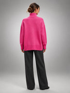 Women's Oversized Turtleneck Sweater – Relaxed Layering Knit - Rose Red