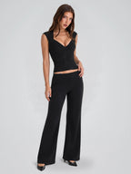 Women's Corset Top – Deep V Neck Structured Knit - Black