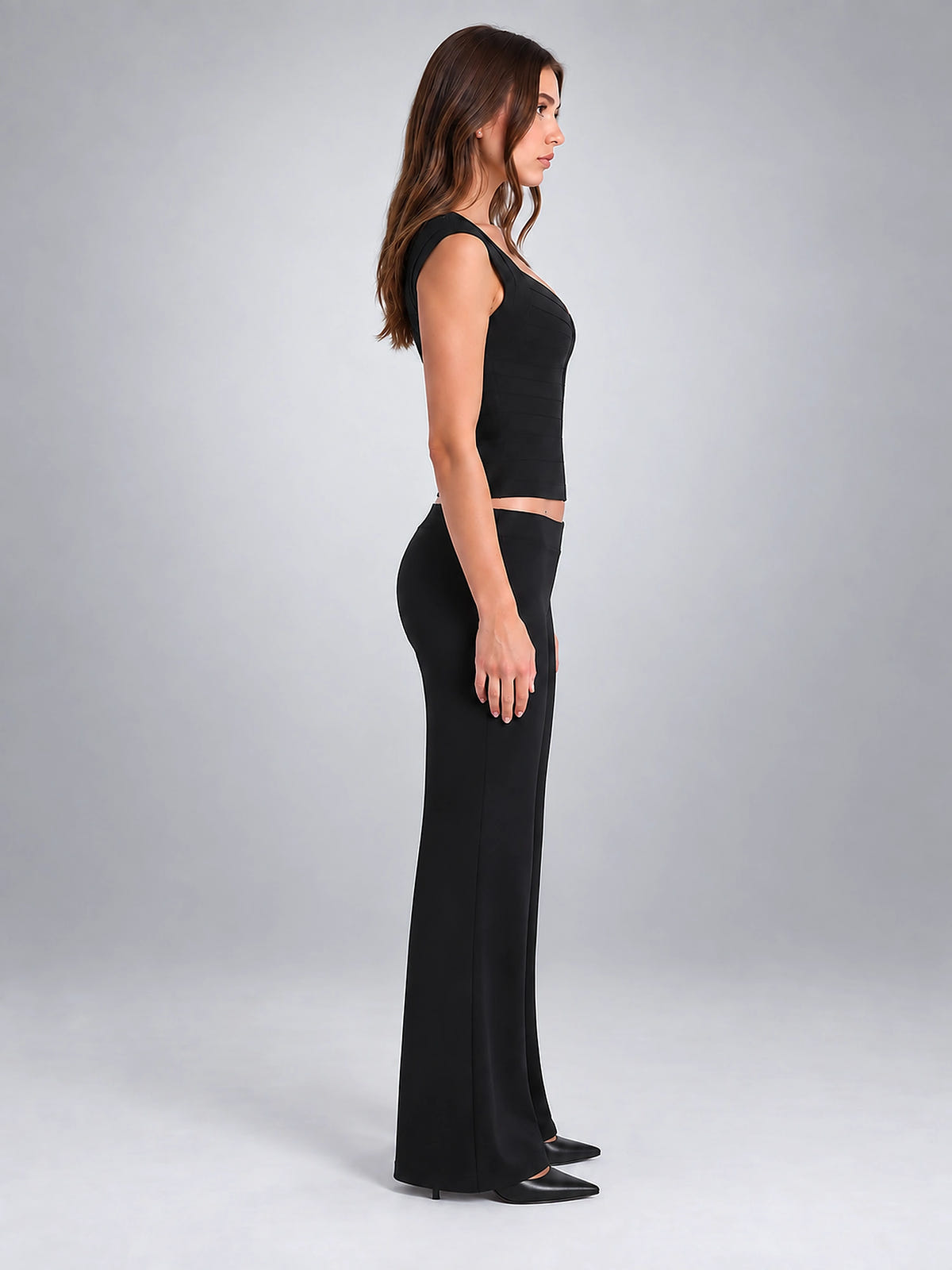 Women's Corset Top – Deep V Neck Structured Knit - Black