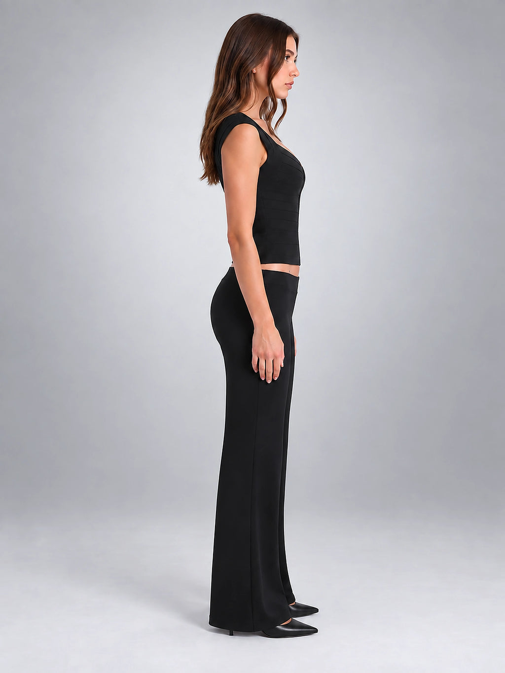 Women's Corset Top – Deep V Neck Structured Knit - Black