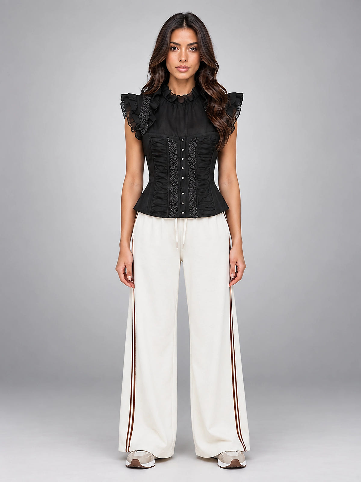Women's Lace Corset Top – Structured Ruffle Shoulder - Black