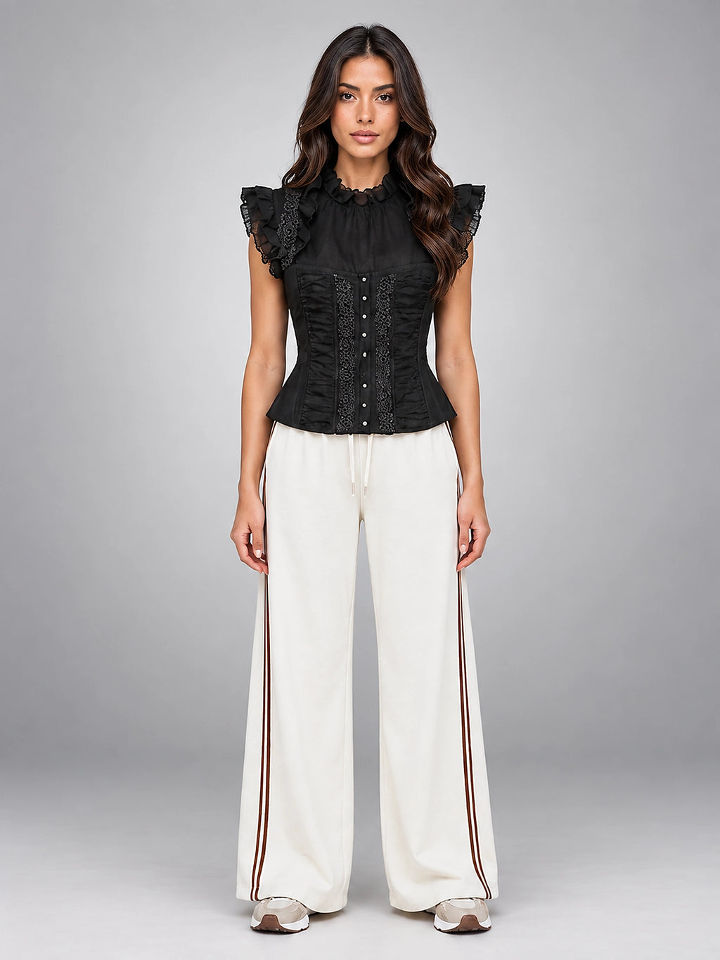 Women's Lace Corset Top – Structured Ruffle Shoulder - Black