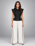 Women's Lace Corset Top – Structured Ruffle Shoulder - Black
