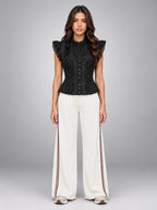 Women's Lace Corset Top – Structured Ruffle Shoulder - Black