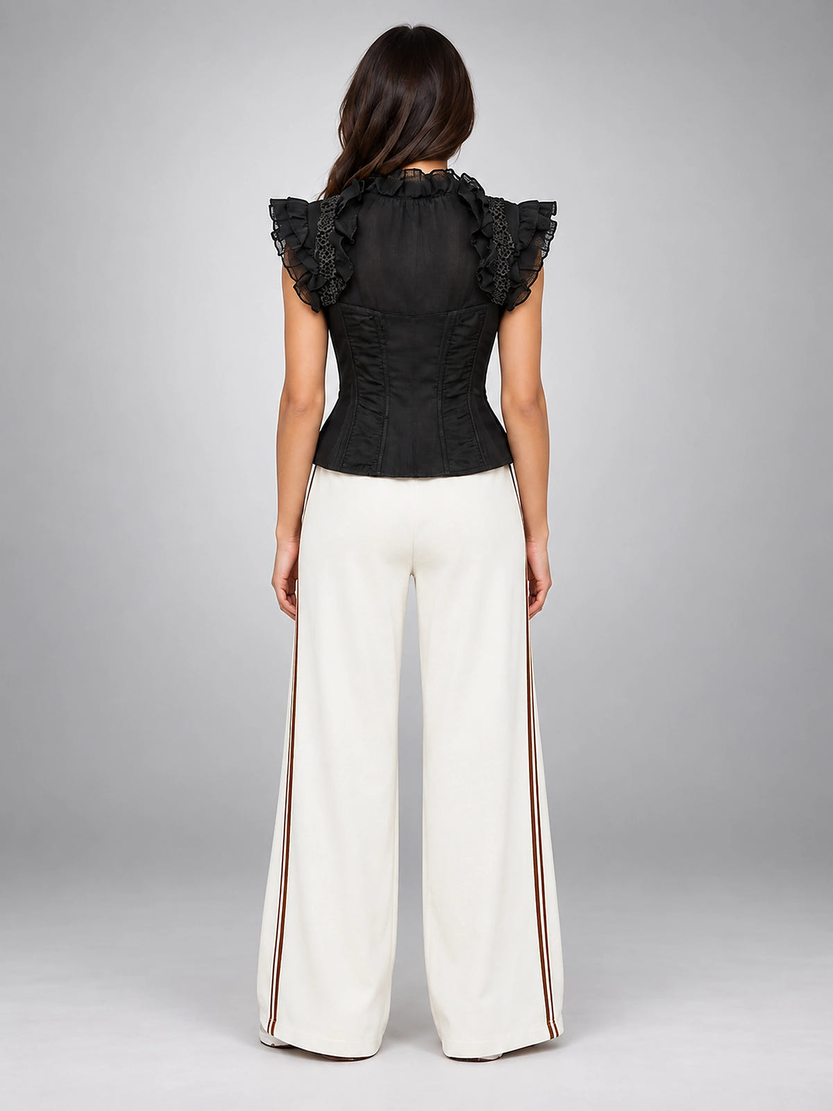 Women's Lace Corset Top – Structured Ruffle Shoulder - Black