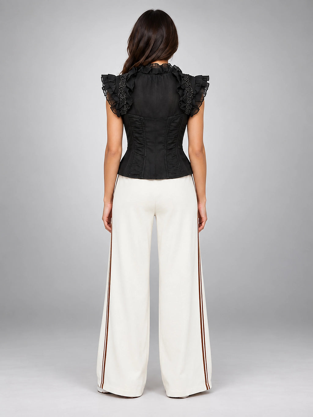 Women's Lace Corset Top – Structured Ruffle Shoulder - Black