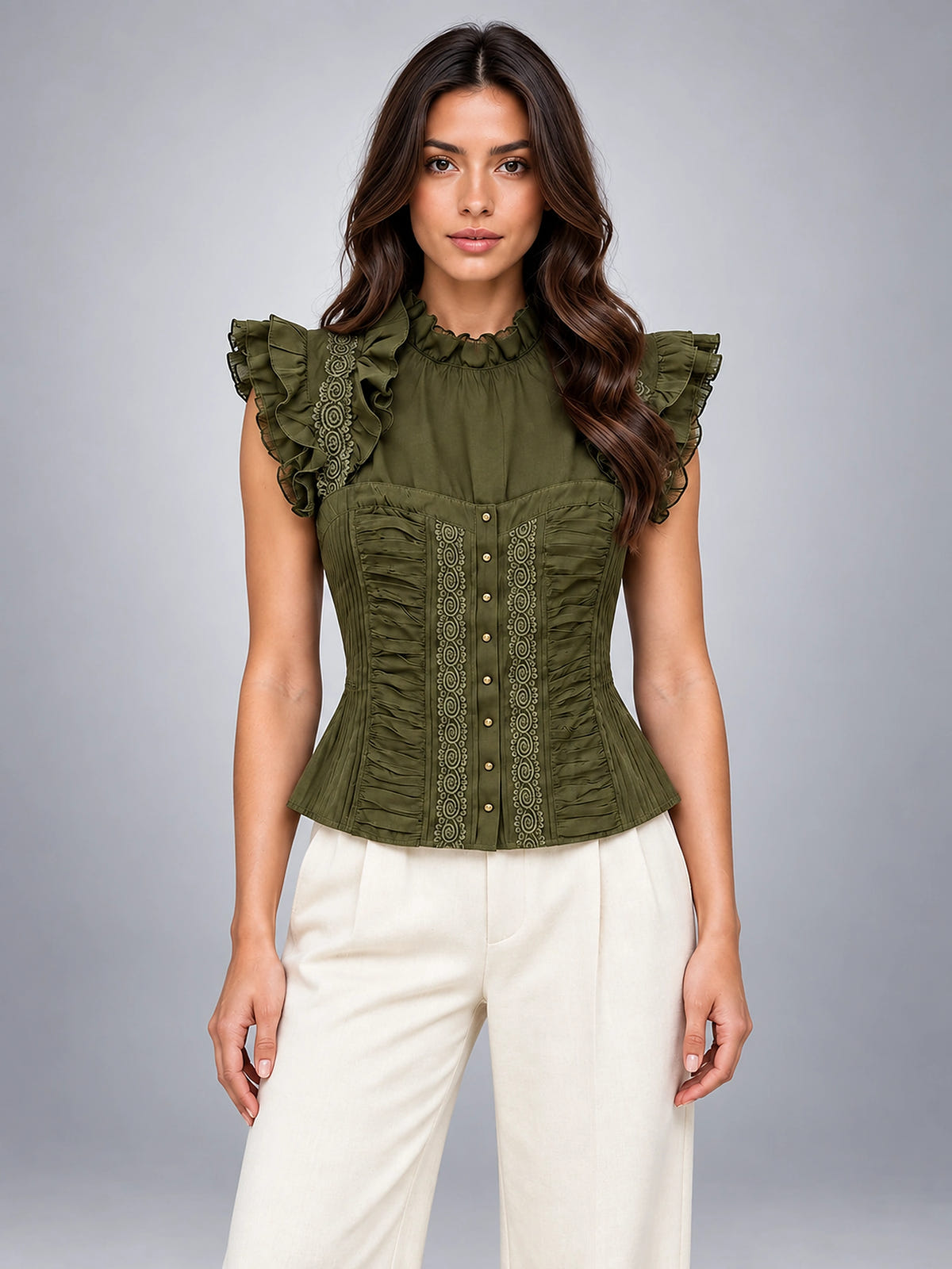 Women's Lace Corset Top – Structured Ruffle Shoulder - Army Green