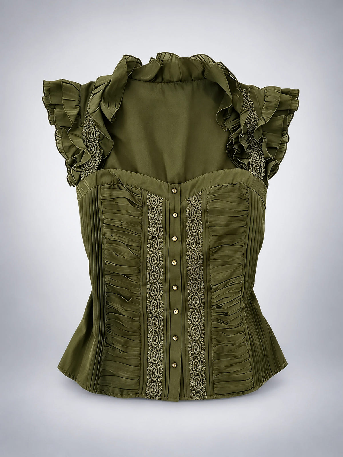 Women's Lace Corset Top – Structured Ruffle Shoulder - Army Green