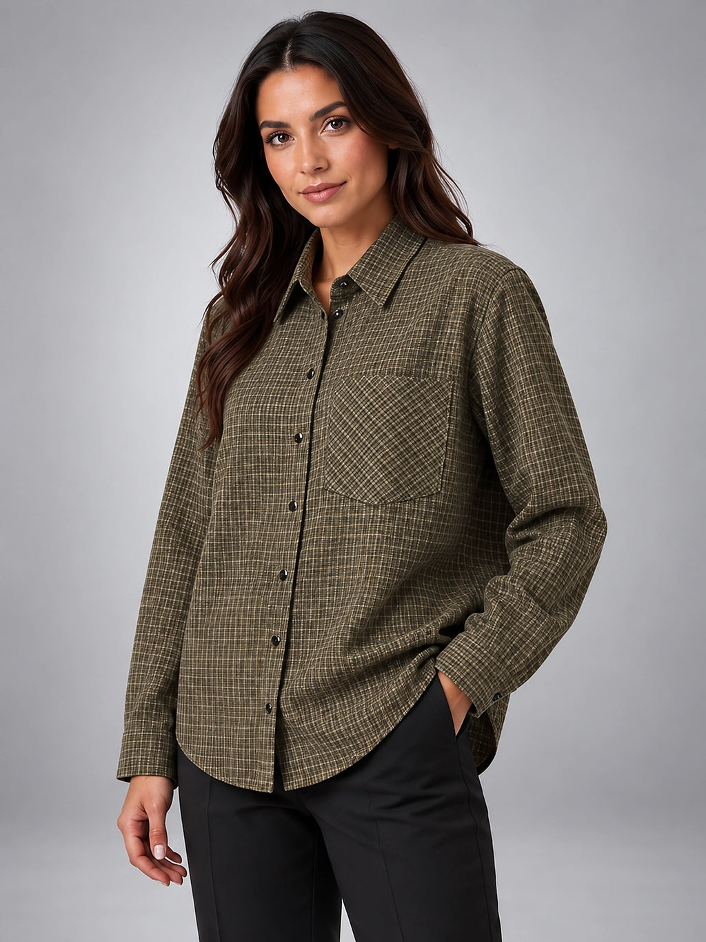Women's Plaid Button Down Shirt – Oversized Shacket Fit - Olive Plaid
