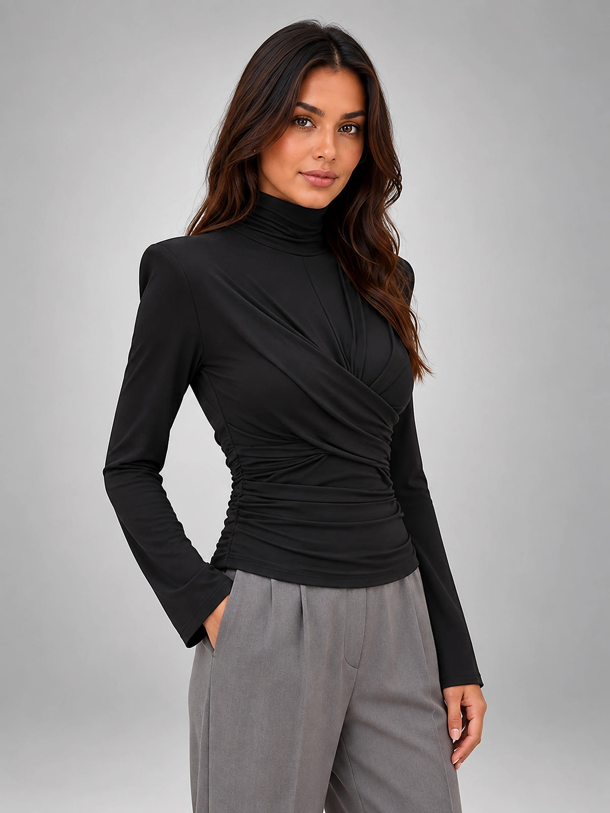 Women's Turtleneck Base Layer Top – Ruched Long Sleeve - Black