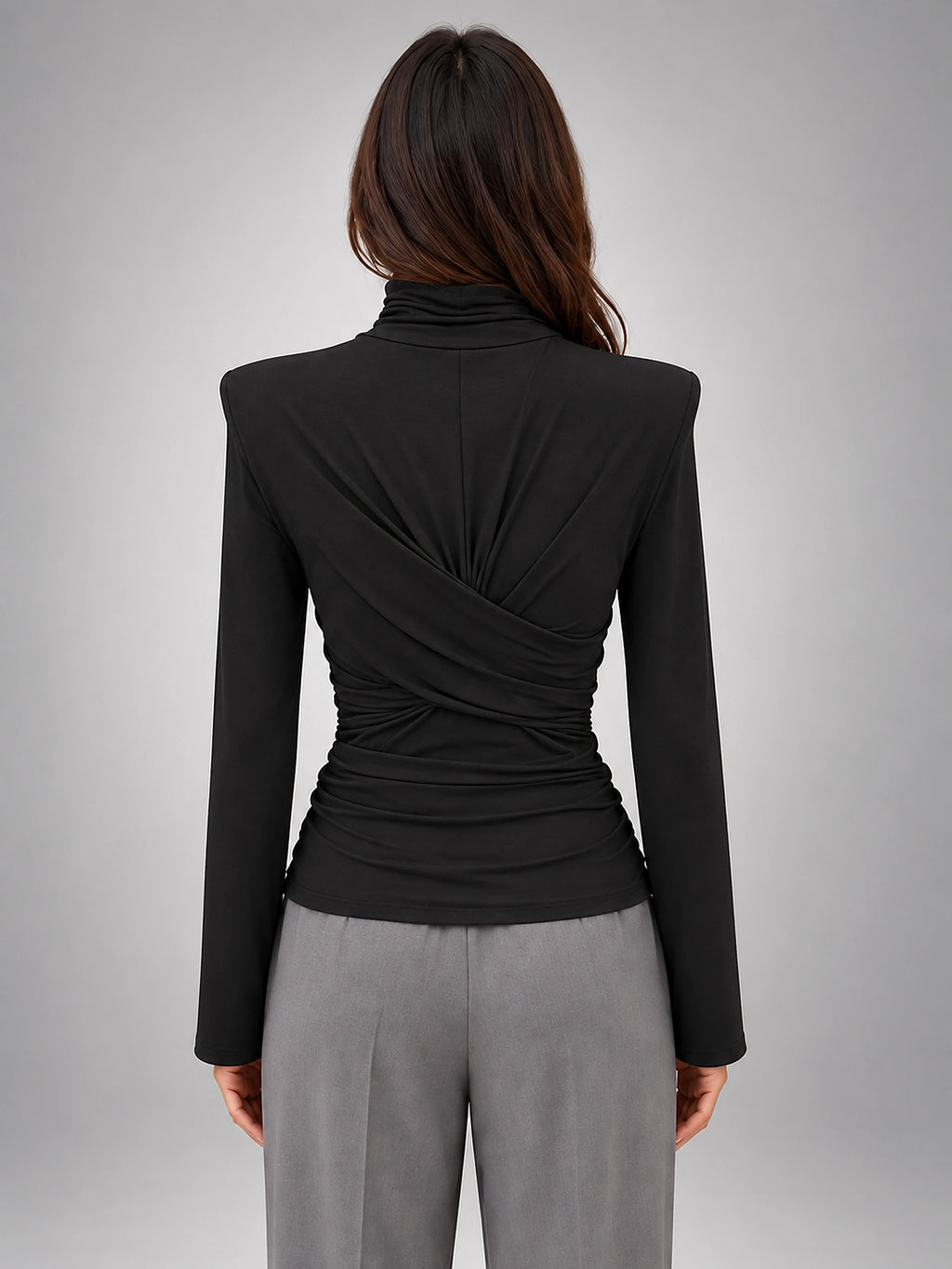 Women's Turtleneck Base Layer Top – Ruched Long Sleeve - Black