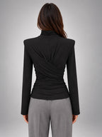 Women's Turtleneck Base Layer Top – Ruched Long Sleeve - Black