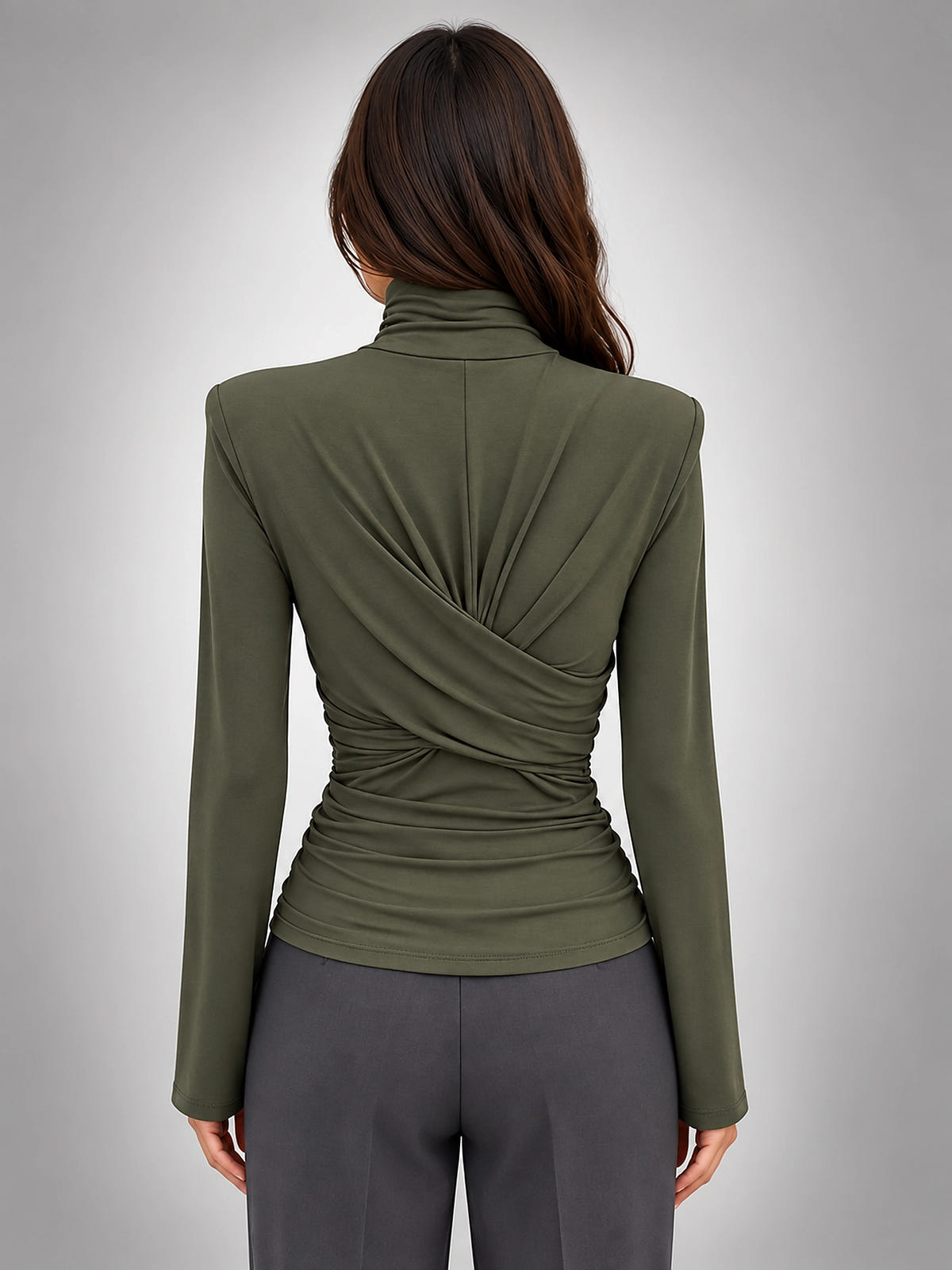 Women's Turtleneck Base Layer Top – Ruched Long Sleeve - Dark Green
