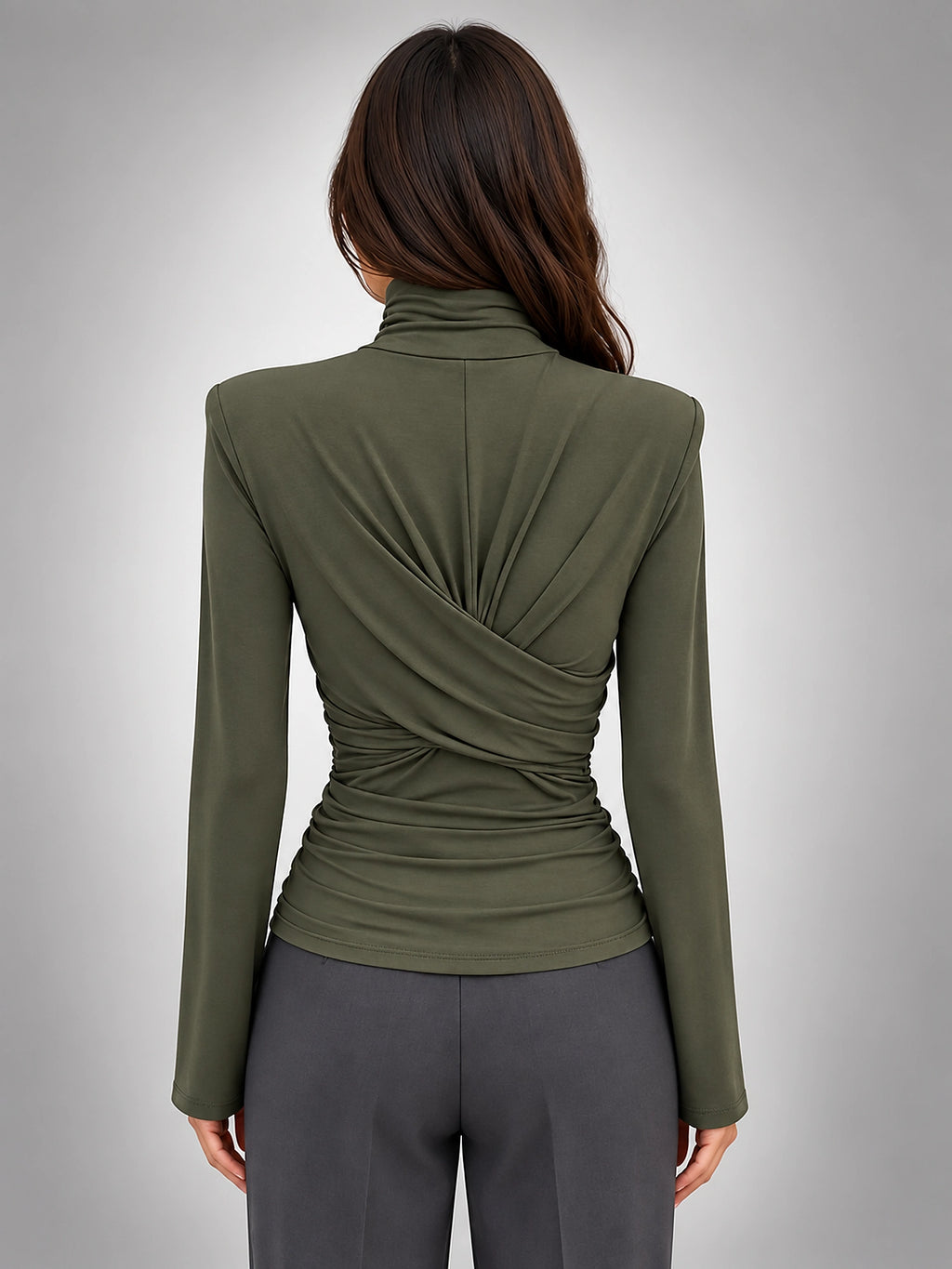 Women's Turtleneck Base Layer Top – Ruched Long Sleeve - Dark Green