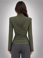 Women's Turtleneck Base Layer Top – Ruched Long Sleeve - Dark Green