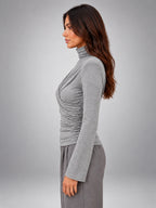 Women's Turtleneck Base Layer Top – Ruched Long Sleeve - Gray