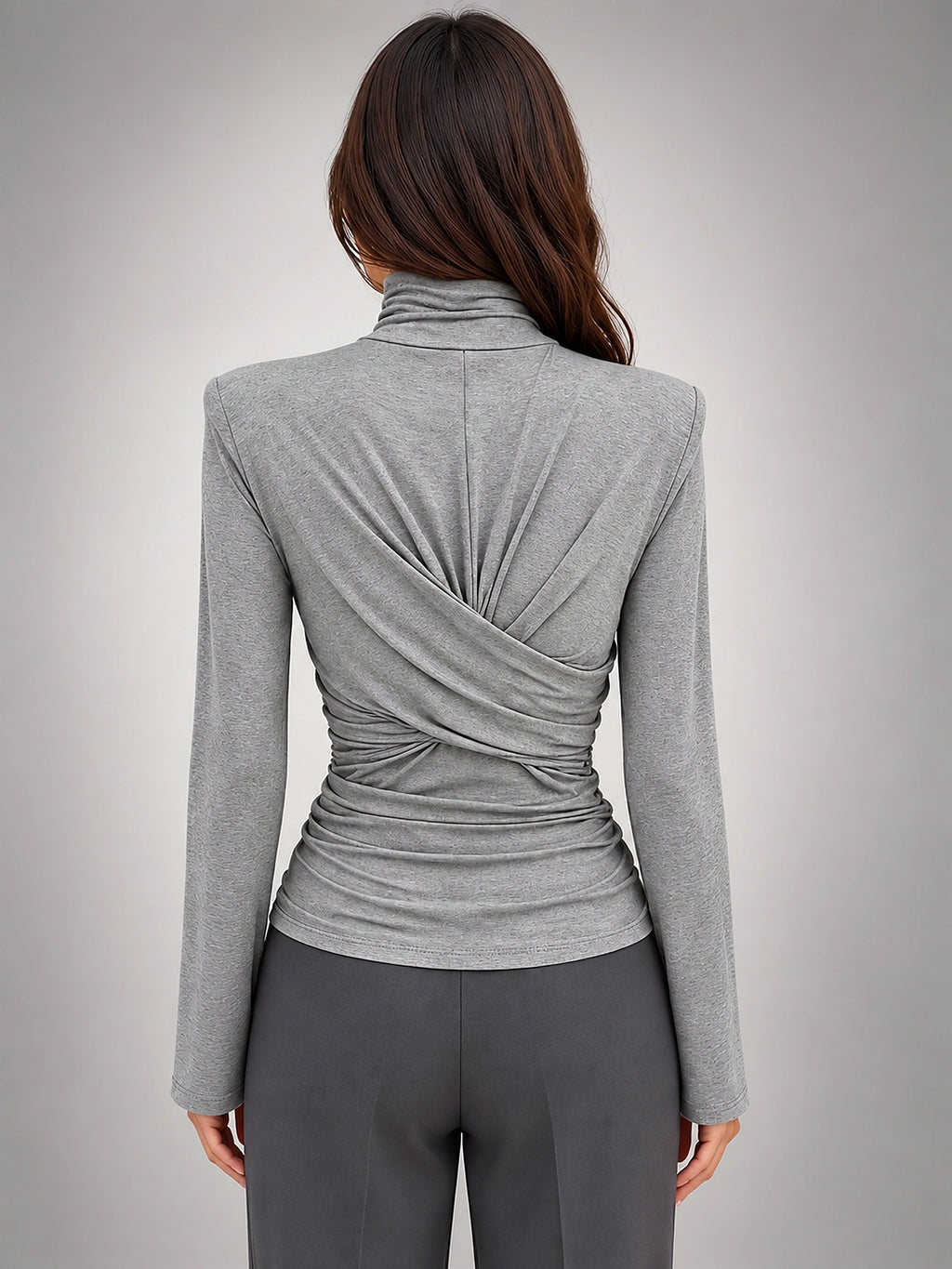 Women's Turtleneck Base Layer Top – Ruched Long Sleeve - Gray