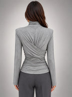 Women's Turtleneck Base Layer Top – Ruched Long Sleeve - Gray
