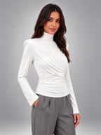 Women's Turtleneck Base Layer Top – Ruched Long Sleeve - White