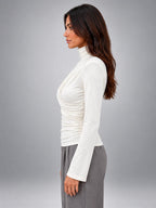Women's Turtleneck Base Layer Top – Ruched Long Sleeve - White