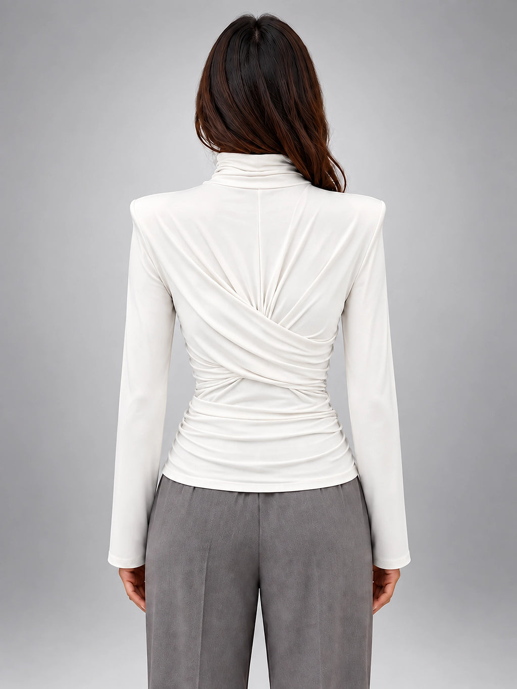 Women's Turtleneck Base Layer Top – Ruched Long Sleeve - White