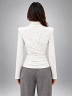 Women's Turtleneck Base Layer Top – Ruched Long Sleeve - White