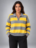 Women's Striped Polo Sweater – Retro Relaxed Fit - Yellow Gray Stripe
