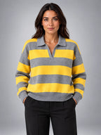 Women's Striped Polo Sweater – Retro Relaxed Fit - Yellow Gray Stripe