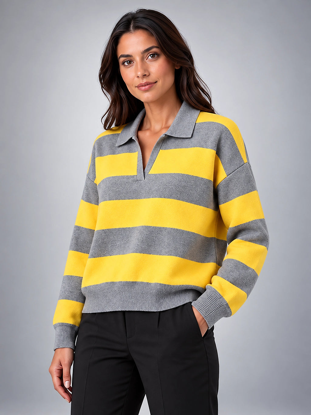 Women's Striped Polo Sweater – Retro Relaxed Fit - Yellow Gray Stripe