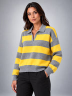Women's Striped Polo Sweater – Retro Relaxed Fit - Yellow Gray Stripe