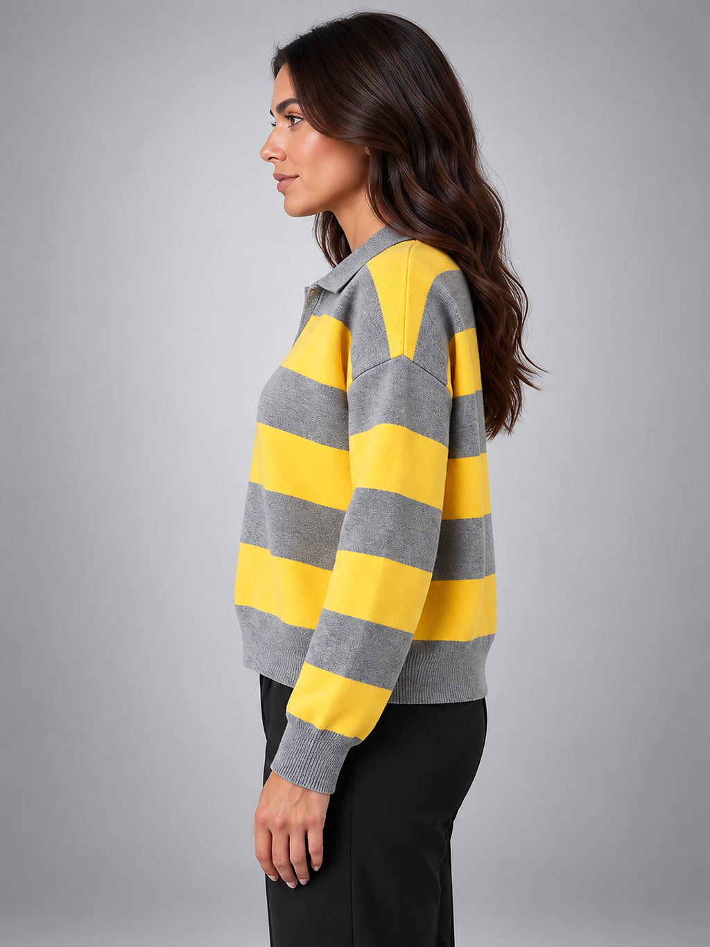 Women's Striped Polo Sweater – Retro Relaxed Fit - Yellow Gray Stripe