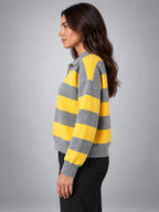 Women's Striped Polo Sweater – Retro Relaxed Fit - Yellow Gray Stripe