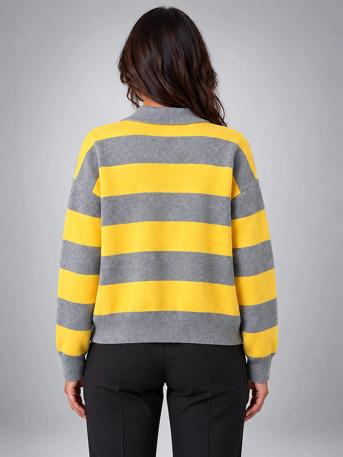 Women's Striped Polo Sweater – Retro Relaxed Fit - Yellow Gray Stripe