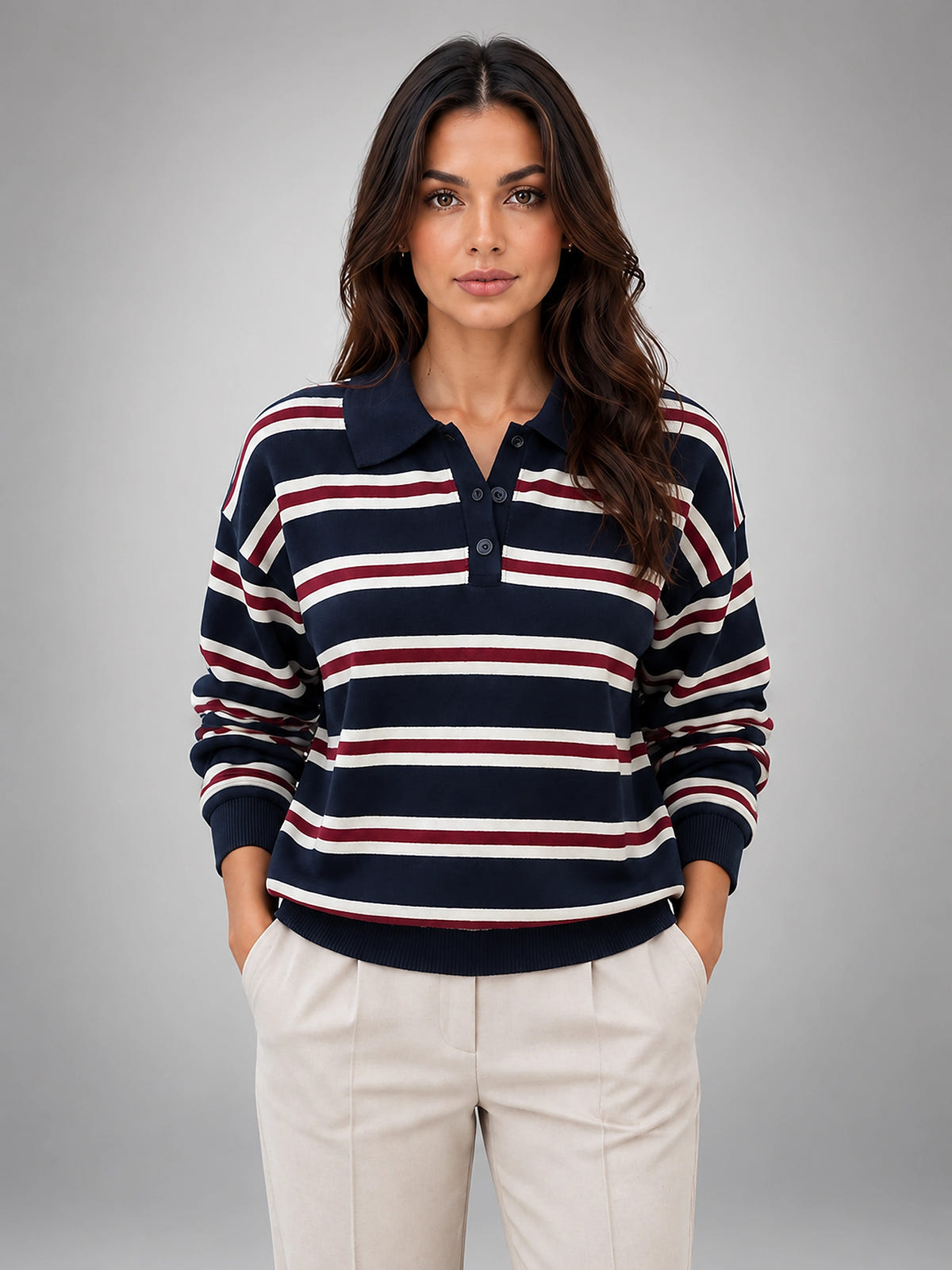 Women's Striped Polo Sweater – Varsity Knit - Navy/Red Stripe