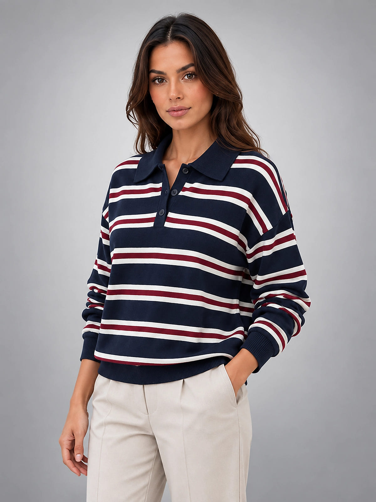 Women's Striped Polo Sweater – Varsity Knit - Navy/Red Stripe