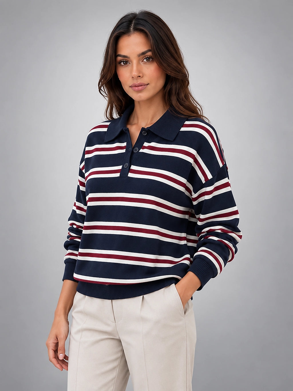 Women's Striped Polo Sweater – Varsity Knit - Navy/Red Stripe