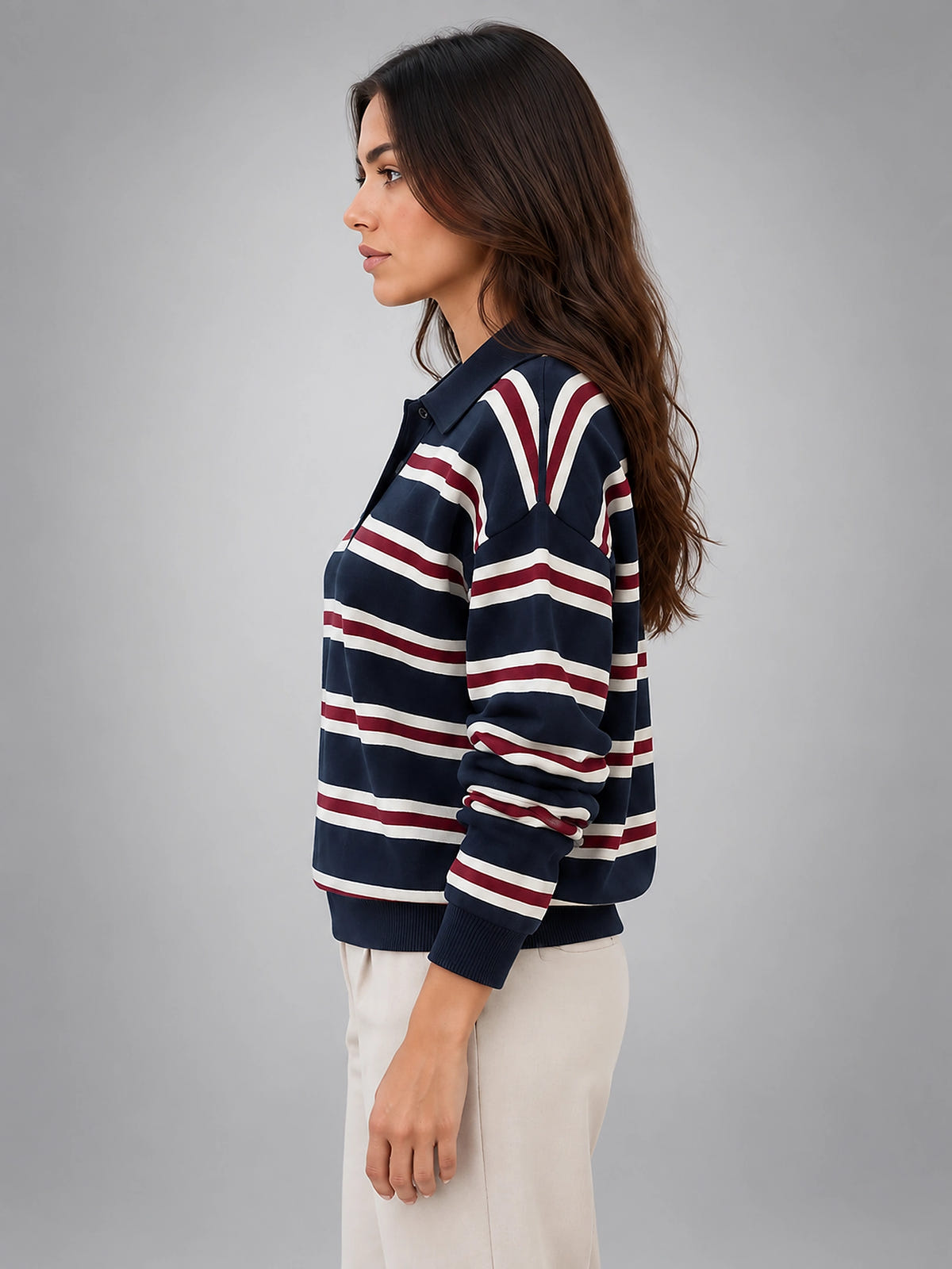 Women's Striped Polo Sweater – Varsity Knit - Navy/Red Stripe
