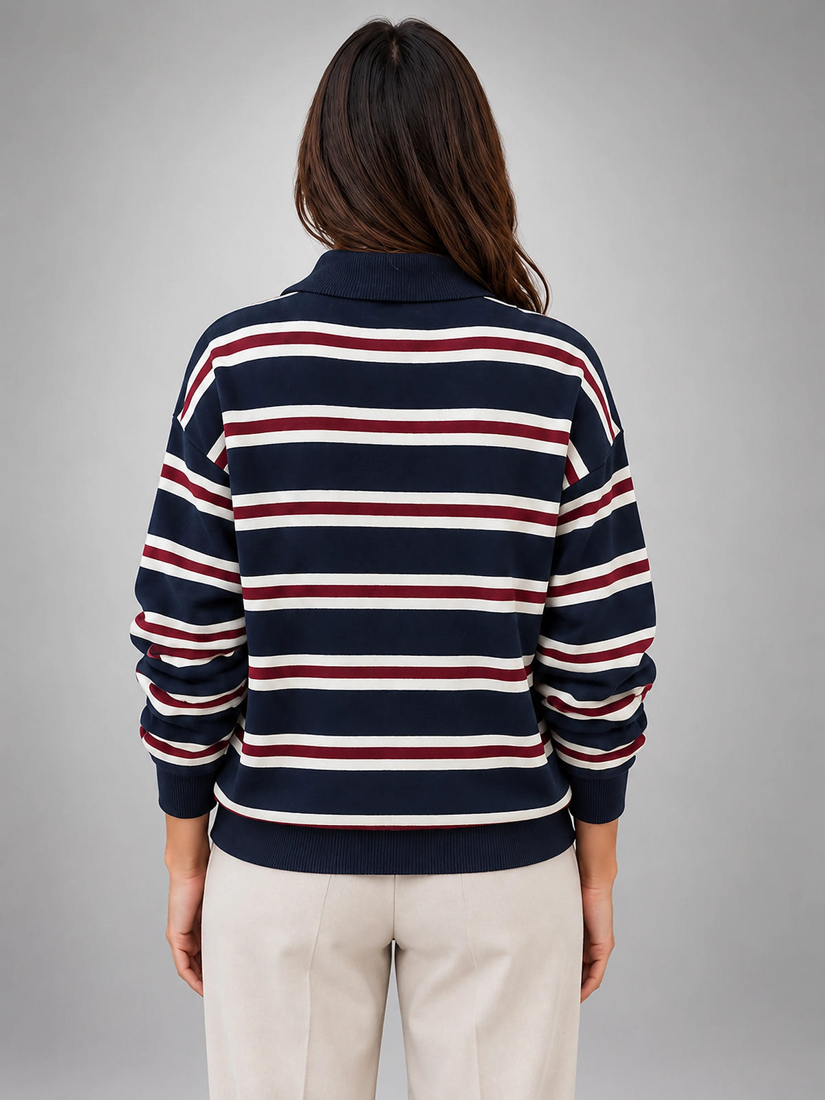 Women's Striped Polo Sweater – Varsity Knit - Navy/Red Stripe