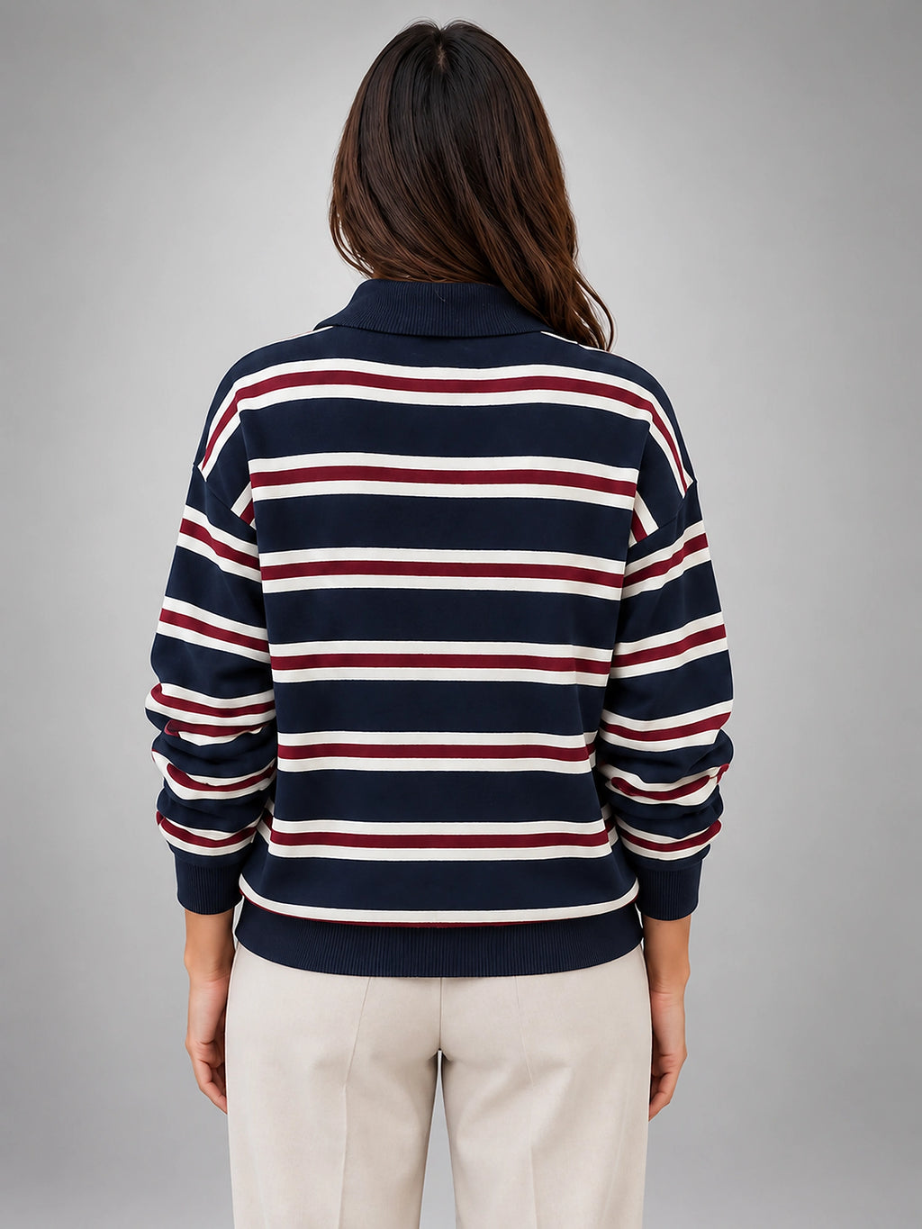 Women's Striped Polo Sweater – Varsity Knit - Navy/Red Stripe