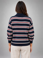 Women's Striped Polo Sweater – Varsity Knit - Navy/Red Stripe