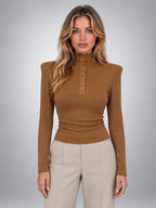 Women's Button Neck Top – Structured Shoulder Detail - Caramel