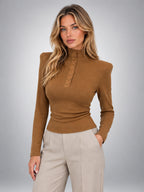 Women's Button Neck Top – Structured Shoulder Detail - Caramel